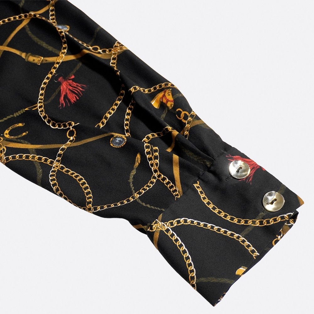 Zara Black Equestrian Chain Tassel Print Tie-Neck Blouse 0X Large Old Money - Picture 6 of 9
